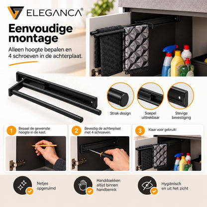 Eleganca Uittrekbaar Handdoekrek – Inbouwafmeting 10,4 x 45 x 14cm – Handdoekhouder uitschuifbaar tot 32cm – Handdoekstang keuken of badkamer – Horizontaal en verticaal te gebruiken – 3 armen – Aluminium – Zwart