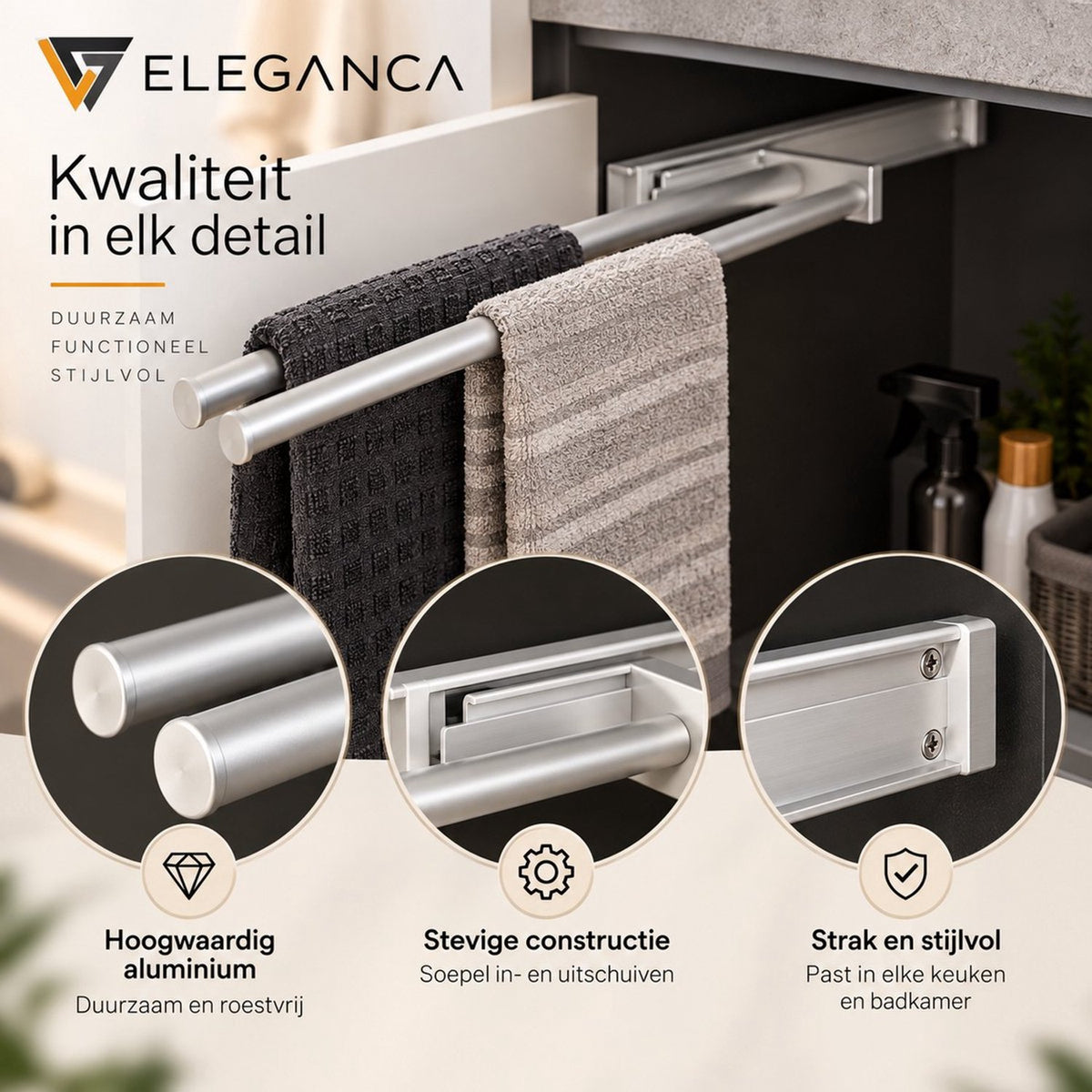 Eleganca Uittrekbaar Handdoekrek – Handdoekhouder 44,5cm - Uitschuifbaar - Keuken of badkamer - Inbouwafmeting 9,4 x 44,5 x 3,8cm – Handdoekstang uittrekbaar - Horizontaal en verticaal te gebruiken – 2 armen – Aluminium