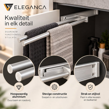 Eleganca Uittrekbaar Handdoekrek – Handdoekhouder 44,5cm - Uitschuifbaar - Keuken of badkamer - Inbouwafmeting 9,4 x 44,5 x 3,8cm – Handdoekstang uittrekbaar - Horizontaal en verticaal te gebruiken – 2 armen – Aluminium