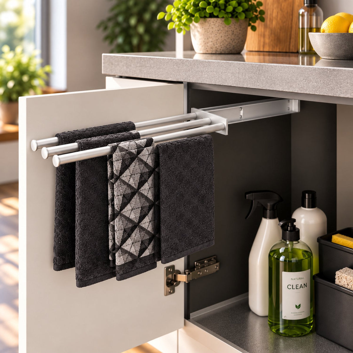 Eleganca Uittrekbaar Handdoekrek – Inbouwafmeting B17 x D46 x H5cm – Handdoekhouder uitschuifbaar tot 29cm – Handdoekstang keuken of badkamer – Horizontaal en verticaal te gebruiken – 3 armen – Aluminium – Zilver