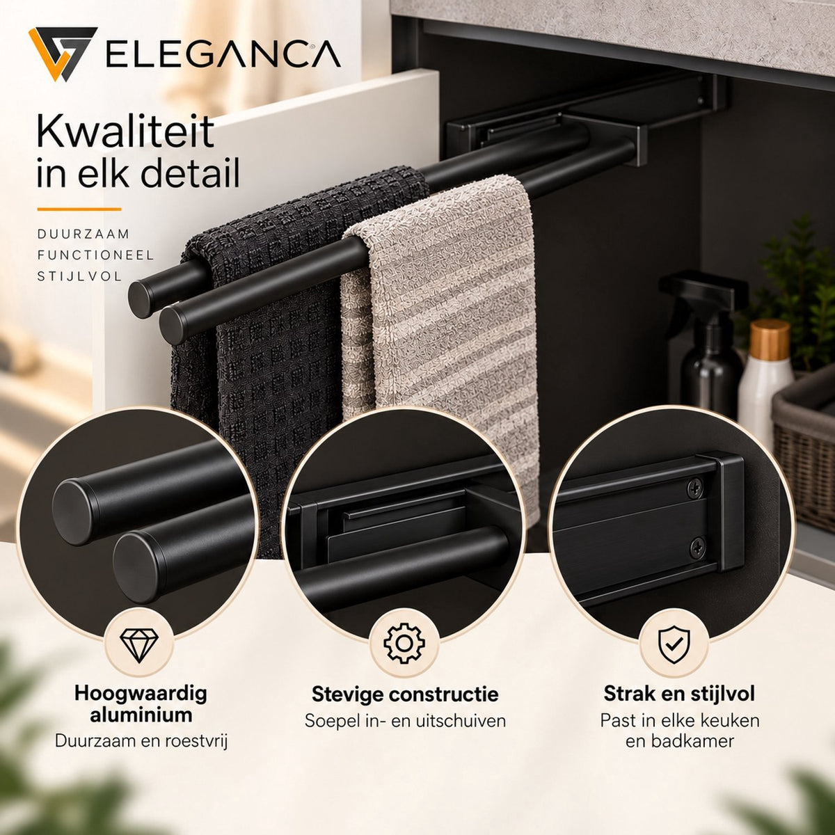 Eleganca Uittrekbaar Handdoekrek – Inbouwafmeting 10,4 x 45 x 14cm – Handdoekhouder uitschuifbaar tot 32cm – Handdoekstang keuken of badkamer – Horizontaal en verticaal te gebruiken – 3 armen – Aluminium – Zwart