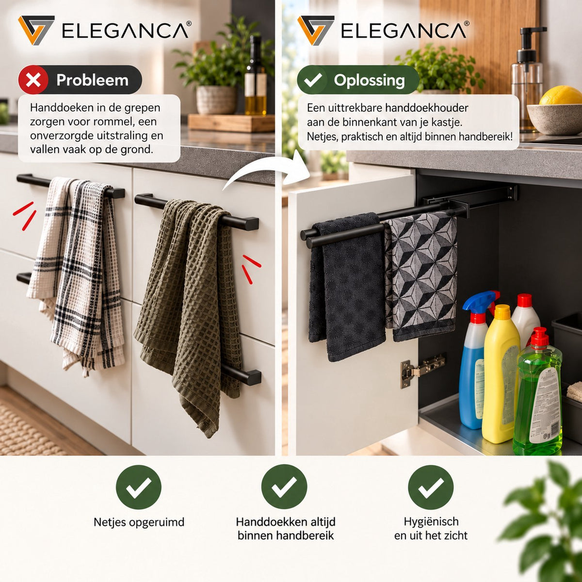 Eleganca Uittrekbaar Handdoekrek – Inbouwafmeting 10,4 x 45 x 14cm – Handdoekhouder uitschuifbaar tot 32cm – Handdoekstang keuken of badkamer – Horizontaal en verticaal te gebruiken – 3 armen – Aluminium – Zwart