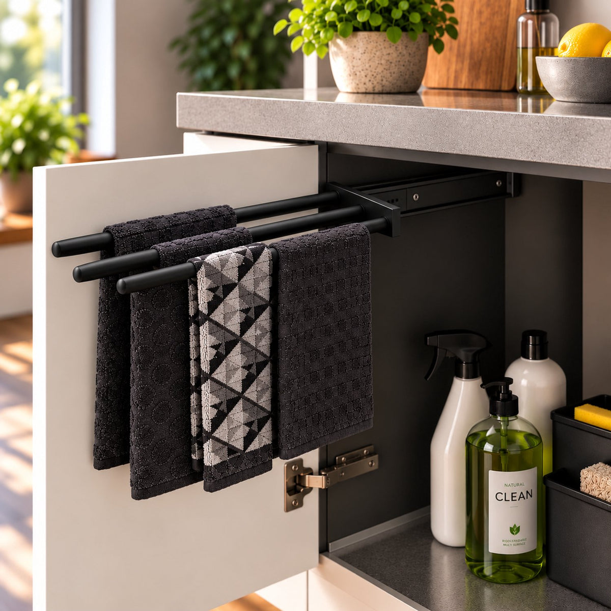 Eleganca Uittrekbaar Handdoekrek – Inbouwafmeting 10,4 x 45 x 14cm – Handdoekhouder uitschuifbaar tot 32cm – Handdoekstang keuken of badkamer – Horizontaal en verticaal te gebruiken – 3 armen – Aluminium – Zwart