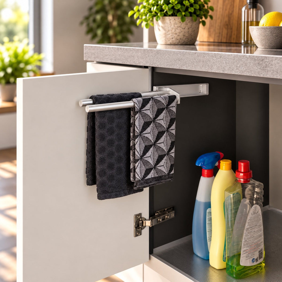 Eleganca Uittrekbaar Handdoekrek 32cm Inbouwafmeting 9,4 x 33,2 x 3,8cm – Handdoekhouder uitschuifbaar tot 16,7cm – Handdoekstang keuken of badkamer – Horizontaal en verticaal te gebruiken – 2 armen – Aluminium – Zilver