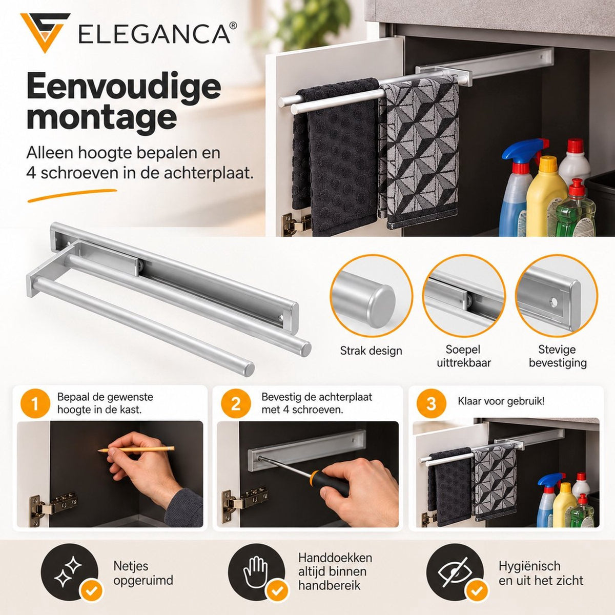 Eleganca Uittrekbaar Handdoekrek – Handdoekhouder 44,5cm - Uitschuifbaar - Keuken of badkamer - Inbouwafmeting 9,4 x 44,5 x 3,8cm – Handdoekstang uittrekbaar - Horizontaal en verticaal te gebruiken – 2 armen – Aluminium