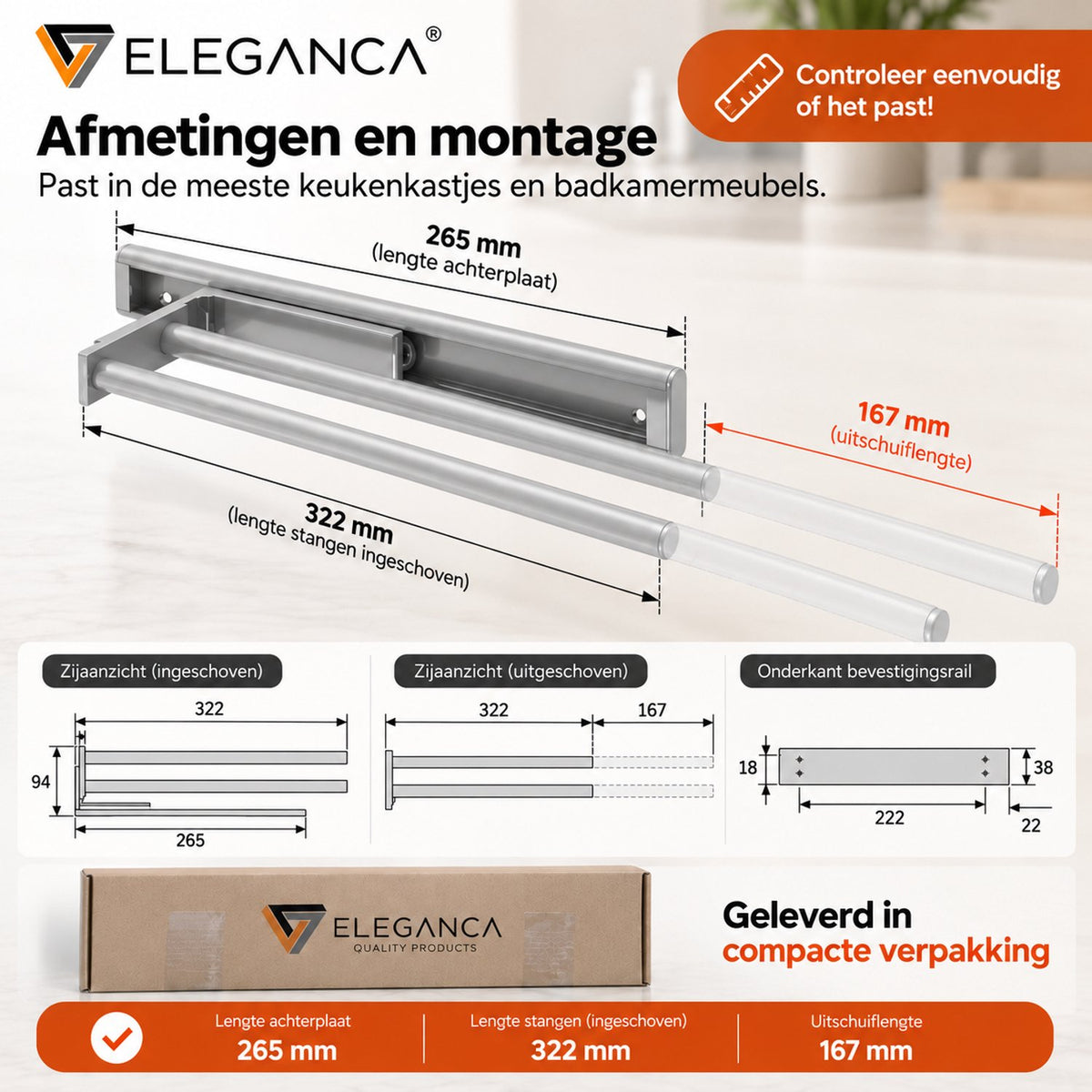 Eleganca Uittrekbaar Handdoekrek 32cm Inbouwafmeting 9,4 x 33,2 x 3,8cm – Handdoekhouder uitschuifbaar tot 16,7cm – Handdoekstang keuken of badkamer – Horizontaal en verticaal te gebruiken – 2 armen – Aluminium – Zilver