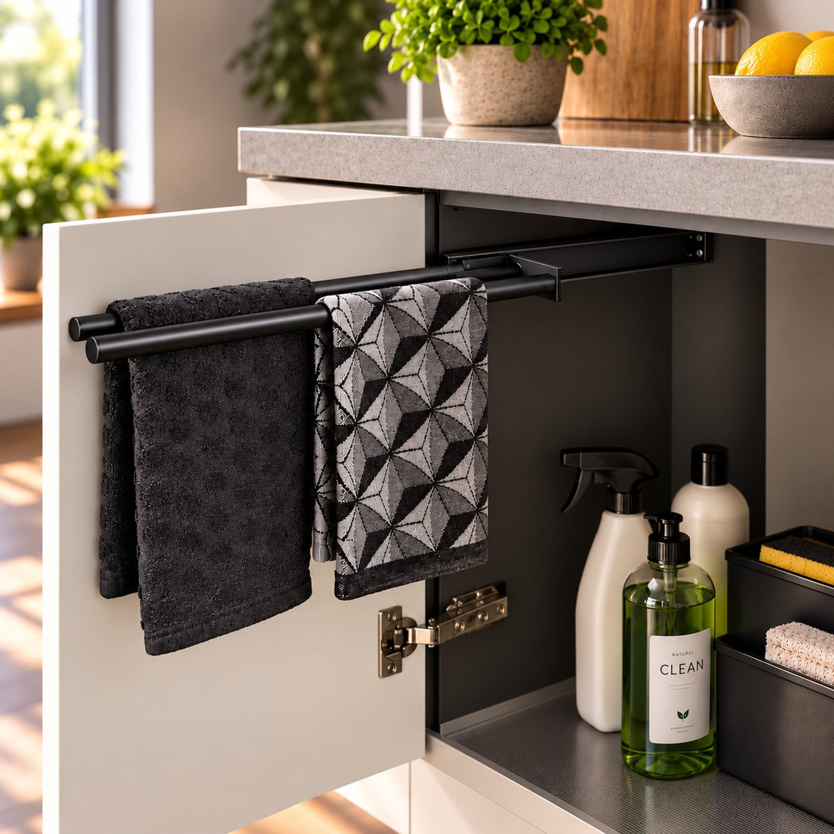 Eleganca Uittrekbaar Handdoekrek – Handdoekhouder 44,5cm - Uitschuifbaar tot 29 cm - Inbouwafmeting 9,4 x 44.5 x 3.8cm – Handdoekstang keuken of badkamer – Horizontaal en verticaal te gebruiken – 2 armen – Aluminium – Zwart