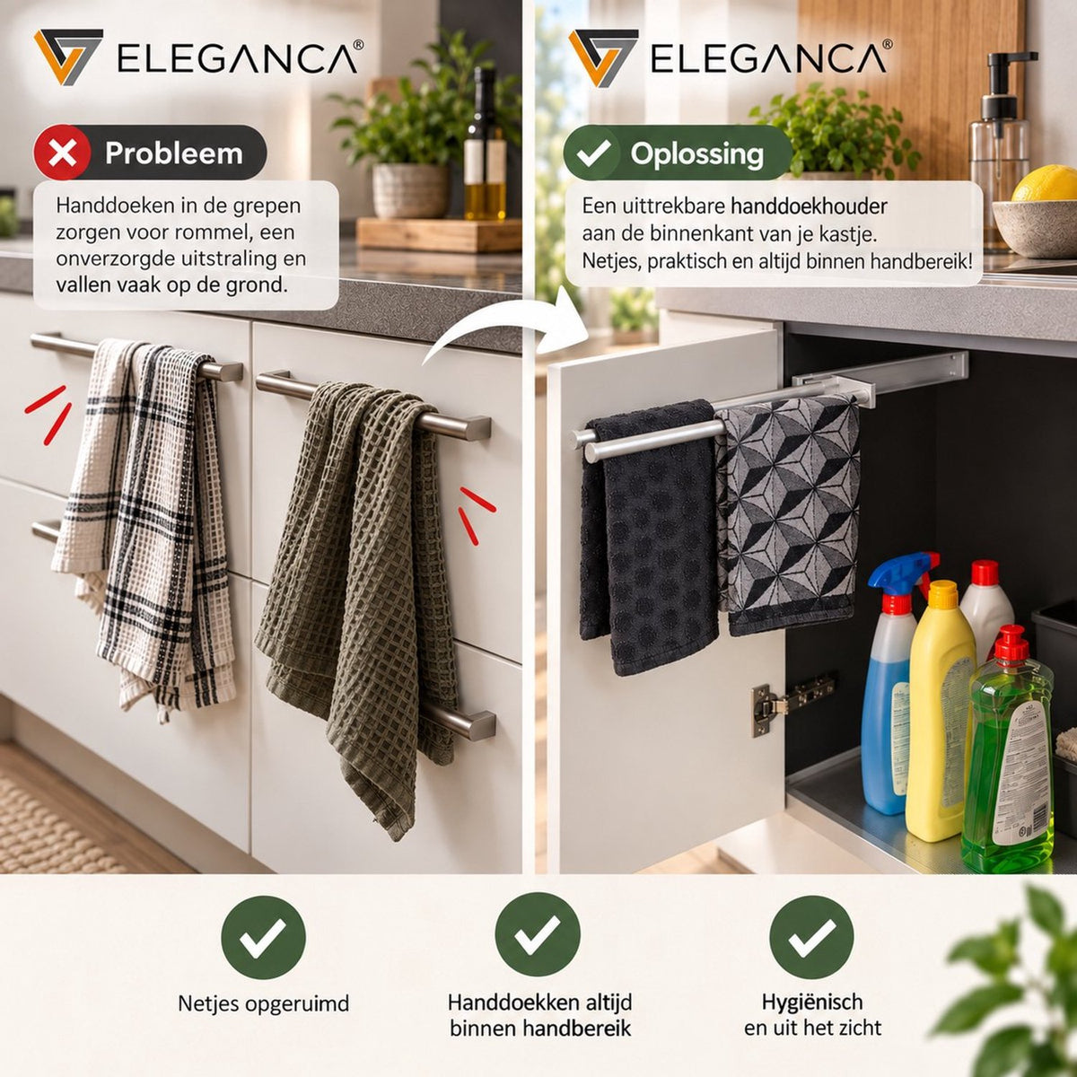 Eleganca Uittrekbaar Handdoekrek – Handdoekhouder 44,5cm - Uitschuifbaar - Keuken of badkamer - Inbouwafmeting 9,4 x 44,5 x 3,8cm – Handdoekstang uittrekbaar - Horizontaal en verticaal te gebruiken – 2 armen – Aluminium