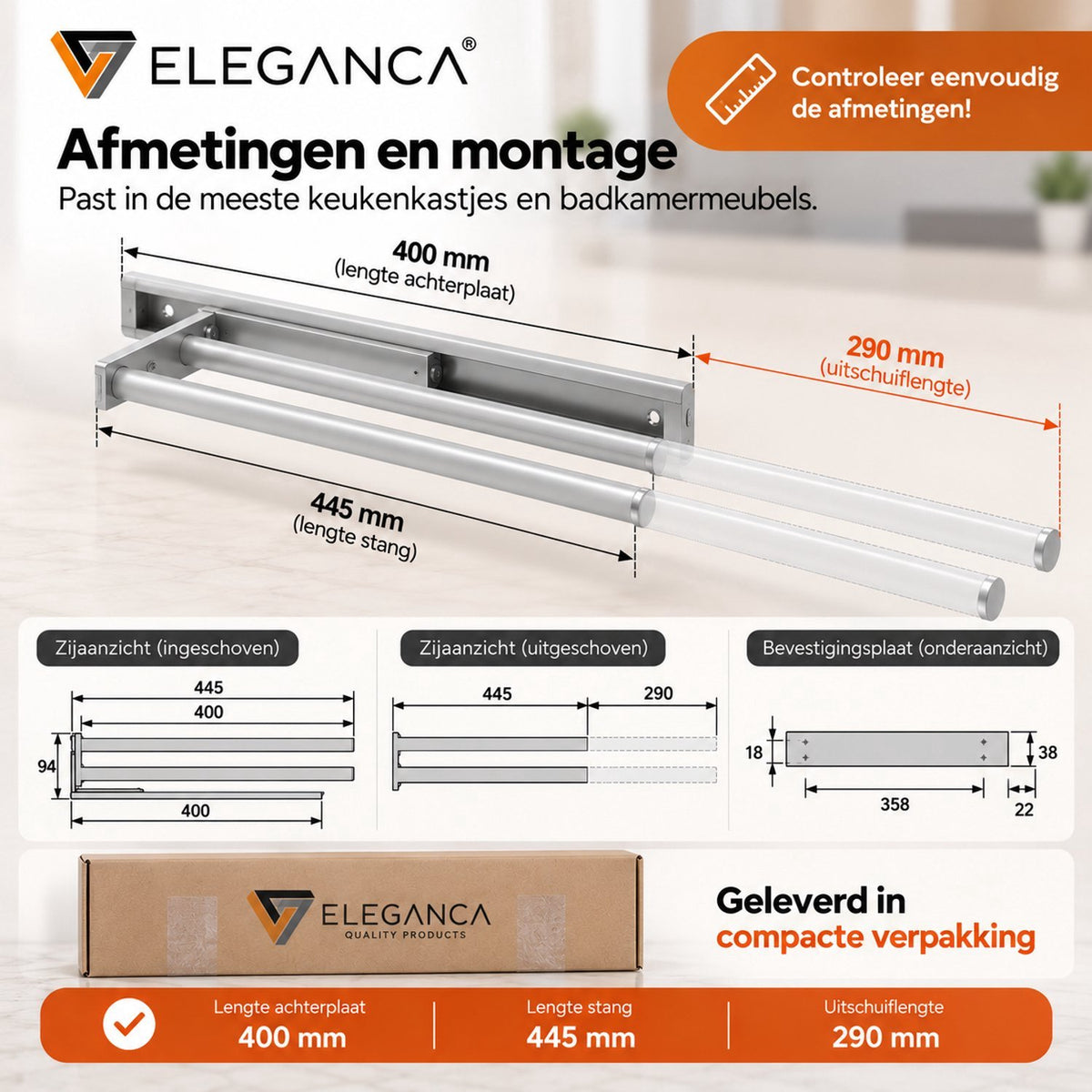 Eleganca Uittrekbaar Handdoekrek – Handdoekhouder 44,5cm - Uitschuifbaar tot 29 cm - Inbouwafmeting 9,4 x 44.5 x 3.8cm – Handdoekstang keuken of badkamer – Horizontaal en verticaal te gebruiken – 2 armen – Aluminium – Zwart