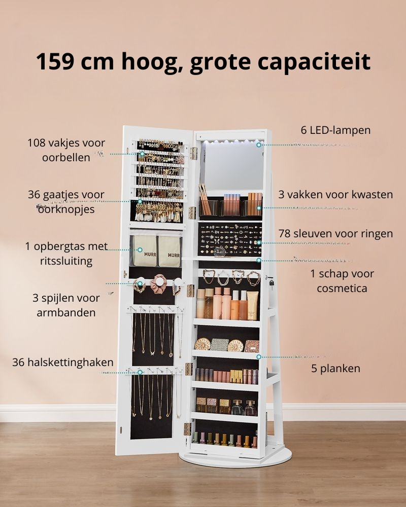 Nancy's Penacova Sieradenspiegel - Sieradenkast - Spiegelkast - Juwelenkast - Kledingspiegel - LED-Verlichting - Wit - ± 55 x 55 x 160 cm