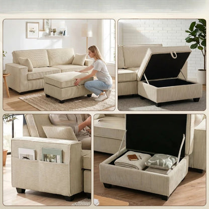 Nancy's Terlizzi Hoekbank - Flexibele Opbergpoef - Ruimte zitting - Beige - Corduroy - ± 215 x 150 x 95 cm