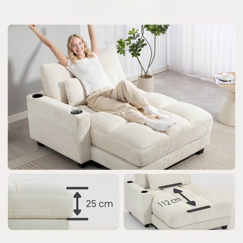 Nancy's Pedara Lounge Fauteuil - Relaxstoel - Loungestoel - Chaise Longue- Bekerhouders - Crèmewit - Corduroy