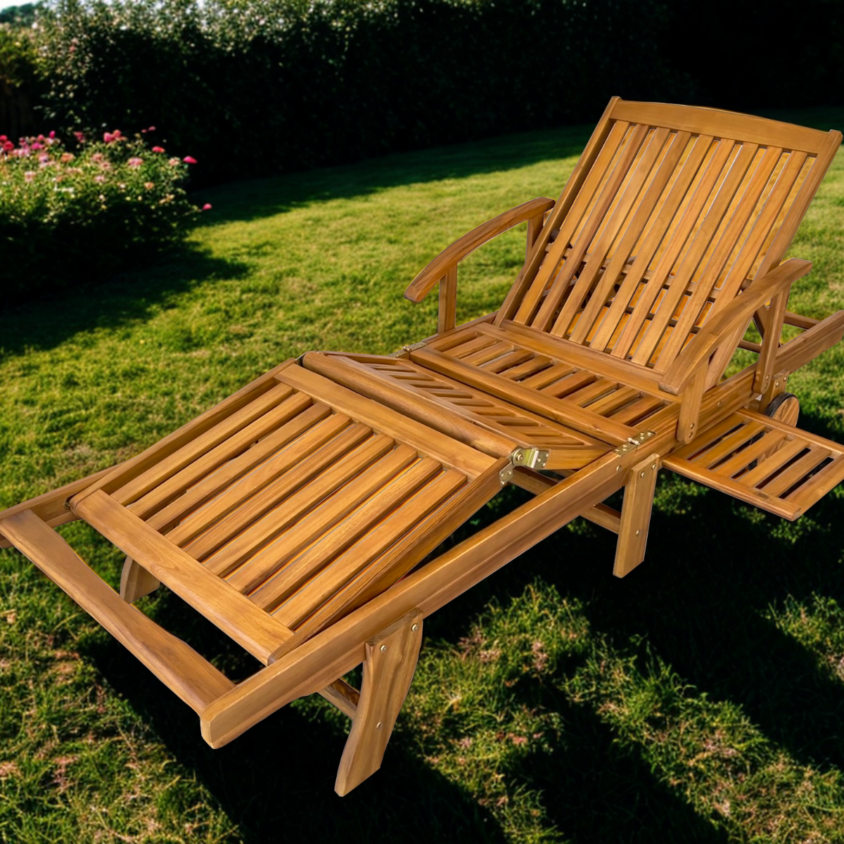 Nancy's Westerholt Ligbed verstelbaar - Acaciahout - lounge bed - Opvouwbare ligstoel - Met uitschuifbare tafel - Bruin