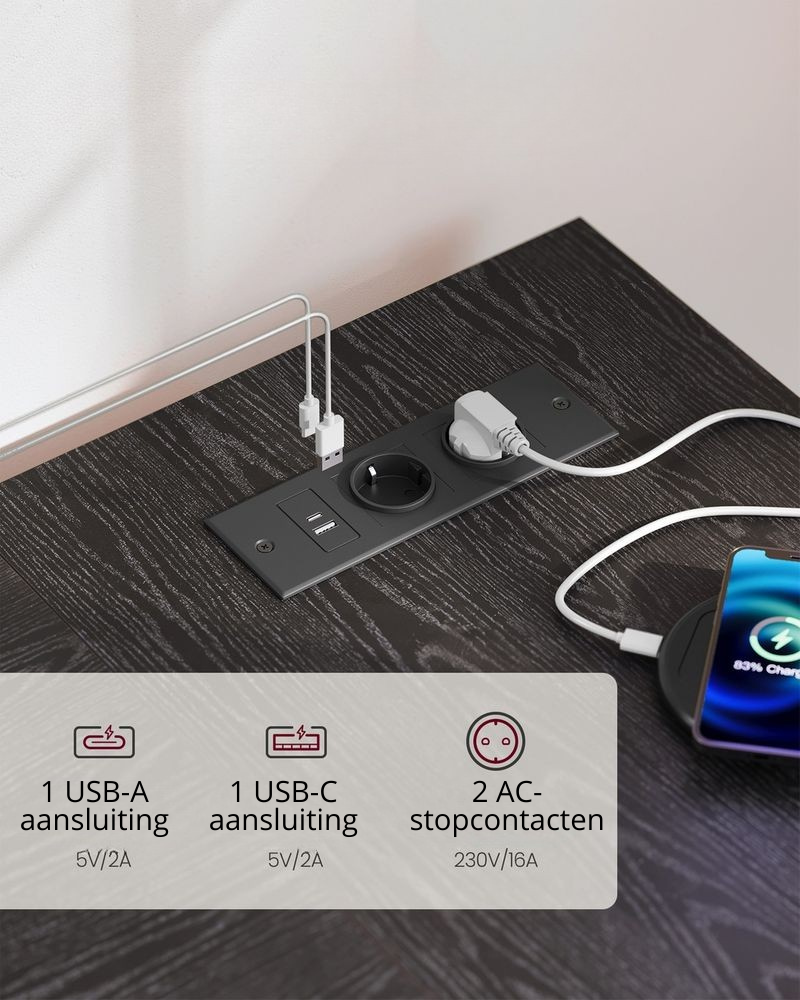 Nancy's Prali Hoekbureau - L-vormig Bureau - Geïntegreerde stekkerdoos - Zwart - Staal - ± 120 x 80 x 75 cm