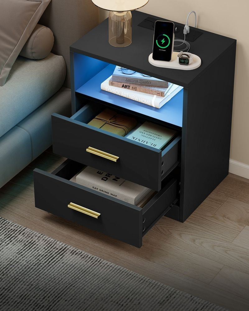 Nancy's Postal Nachtkastjes - Set van 2 - Praktische stekkerdoos - LED-Verlichting - Zwart - ± 40 x 35 x 50 cm