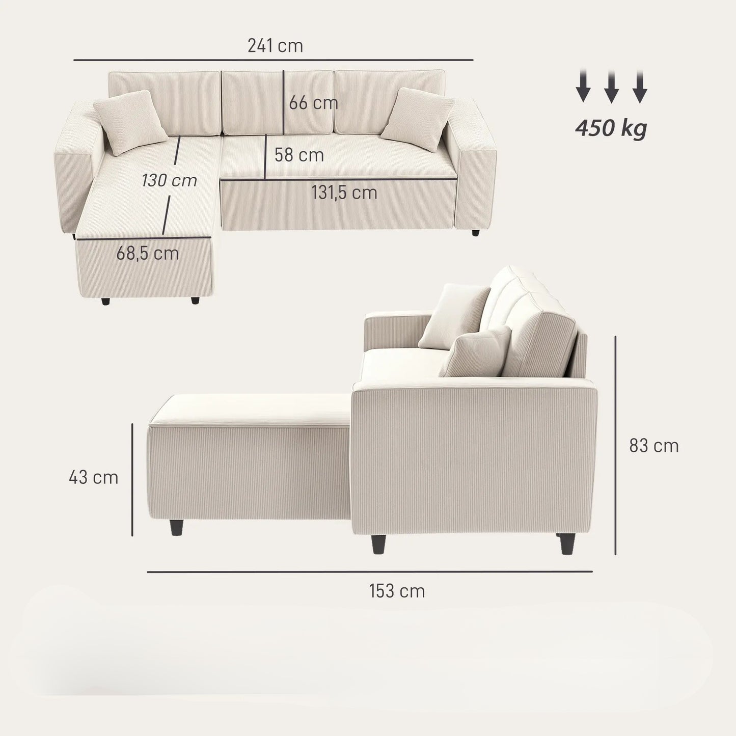 Nancy's Licata Hoekbank - Rechts of Links - Crèmewit - Corduroy - ± 240 x 155 x 85 cm
