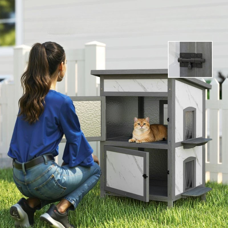 Nancy's Pesaro Kattenhuis - Kattenvilla - Kattengrot - Grijs / Wit - Dennenhout - ± 60 x 60 x 90 cm