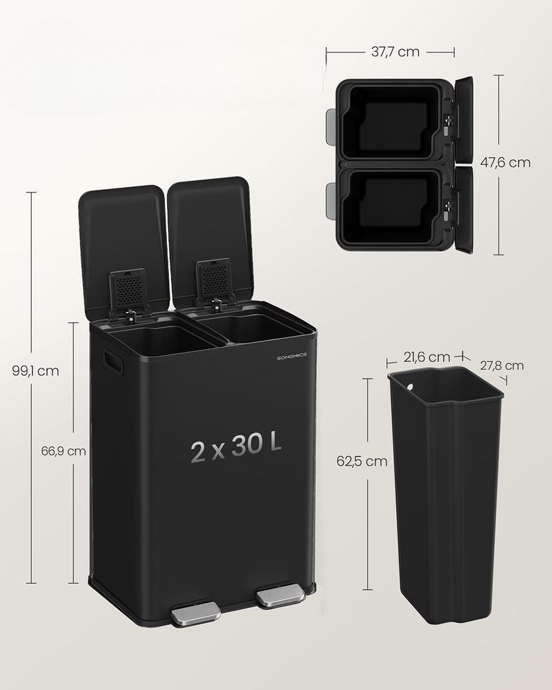 Nancy's Morcone Afvalscheiding Prullenbak - Afval scheiden - Prullenbak - Afvalbak - Zwart - 2 x 30 Liter