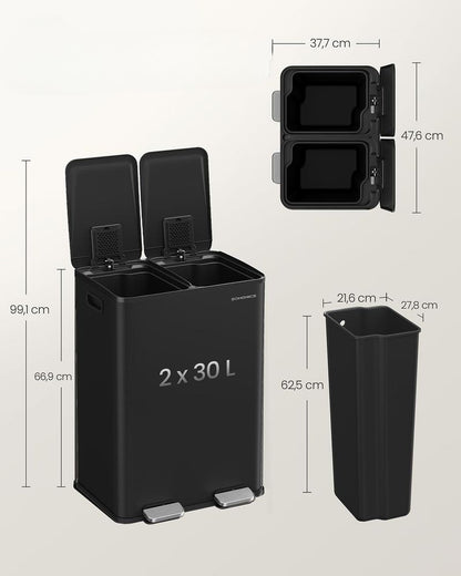 Nancy's Morcone Afvalscheiding Prullenbak - Afval scheiden - Prullenbak - Afvalbak - Zwart - 2 x 30 Liter