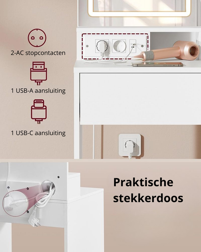 Nancy's Moliterno Kaptafel - Make Up Tafel - Met LED Spiegel - Wit - ± 40 x 80 x 130 cm