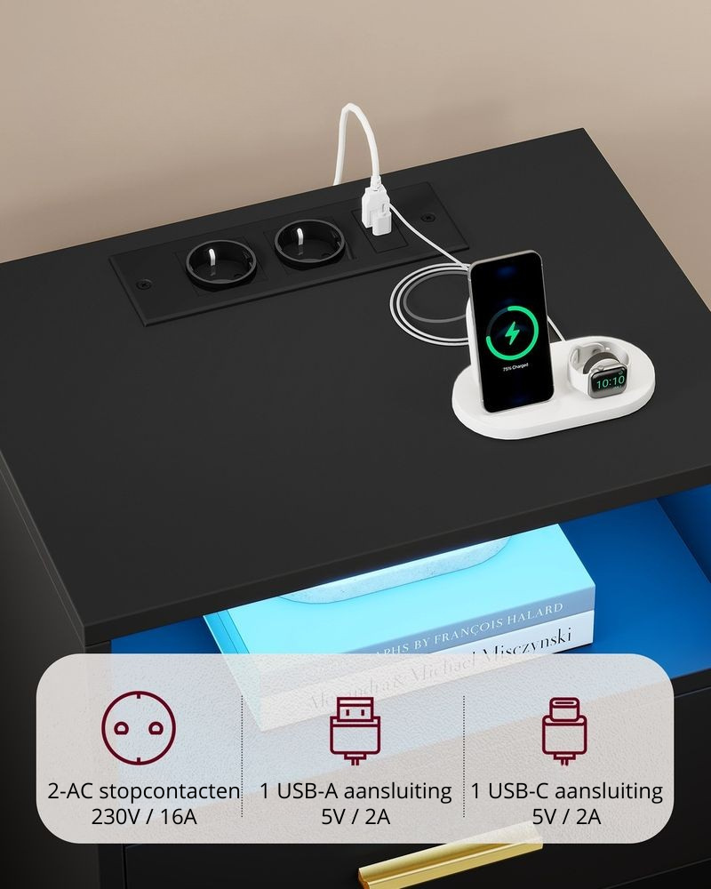 Nancy's Postal Nachtkastjes - Set van 2 - Praktische stekkerdoos - LED-Verlichting - Zwart - ± 40 x 35 x 50 cm