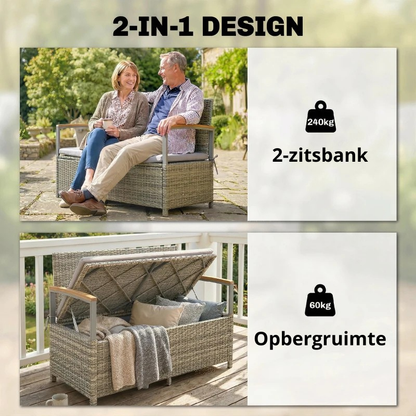 Nancy's Salorno Tuinbank - Parkbank - Bank voor buiten - Grijs / Natuurlijk hout - Rotan - ± 120 x 60 x 85 cm