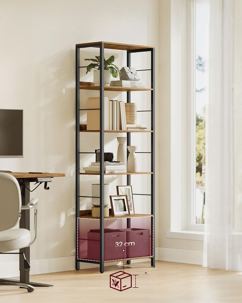 Nancy's Mesagne Boekenkast - Opbergkast - Vitrinekast - 6 planken - Vintage Bruin / Zwart - ± 60 x 30 x 180 cm