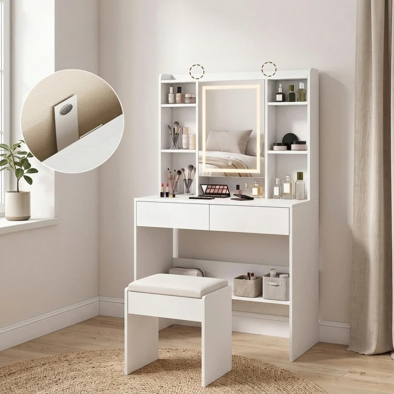 Nancy's Valleve Kaptafel - Make Up Tafel - Make-Up Tafel met Spiegel - LED-Verlichting - Wit ± 90 x 40 x 145 cm
