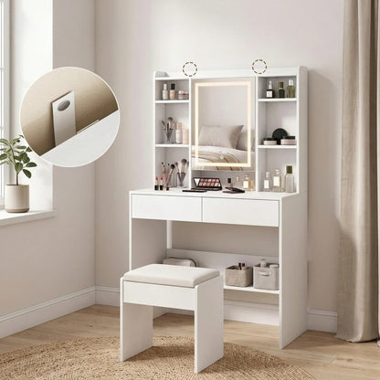 Nancy's Valleve Kaptafel - Make Up Tafel - Make-Up Tafel met Spiegel - LED-Verlichting - Wit ± 90 x 40 x 145 cm