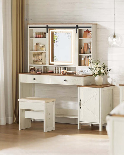 Nancy's Occhiobello Make Up Tafel met krukje - Kaptafel - Spiegel en LED Verlichting - Vintage Wit - ± 125 x 40 x 145 cm