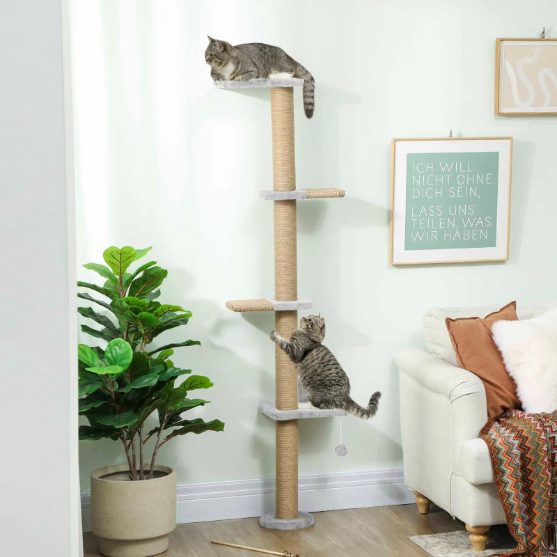 Nancy's Nicosia Krabpaal - Kattenboom - Lichtgrijs / Naturel - Pluche / Jute - ± 50 x 20 x 180 cm
