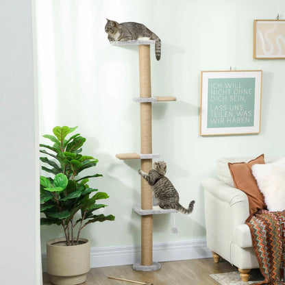 Nancy's Nicosia Krabpaal - Kattenboom - Lichtgrijs / Naturel - Pluche / Jute - ± 50 x 20 x 180 cm