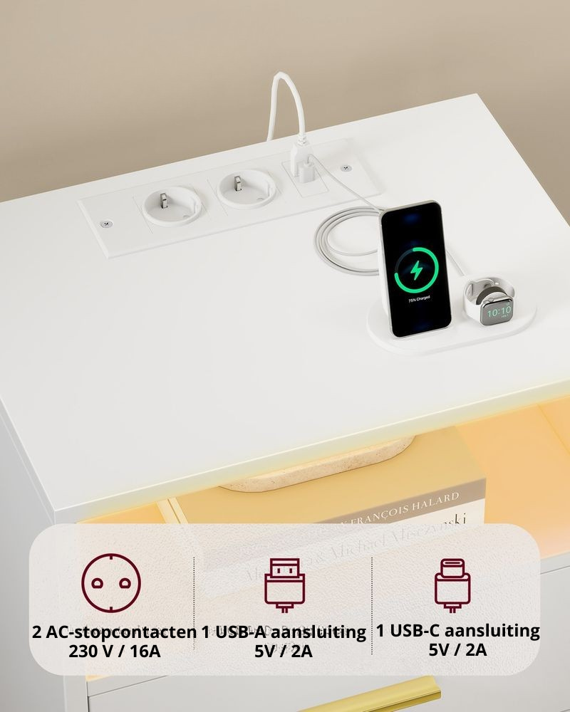 Nancy's Postal Nachtkastjes - Set van 2 - Praktische stekkerdoos - LED-Verlichting - Wit - ± 40 x 35 x 50 cm