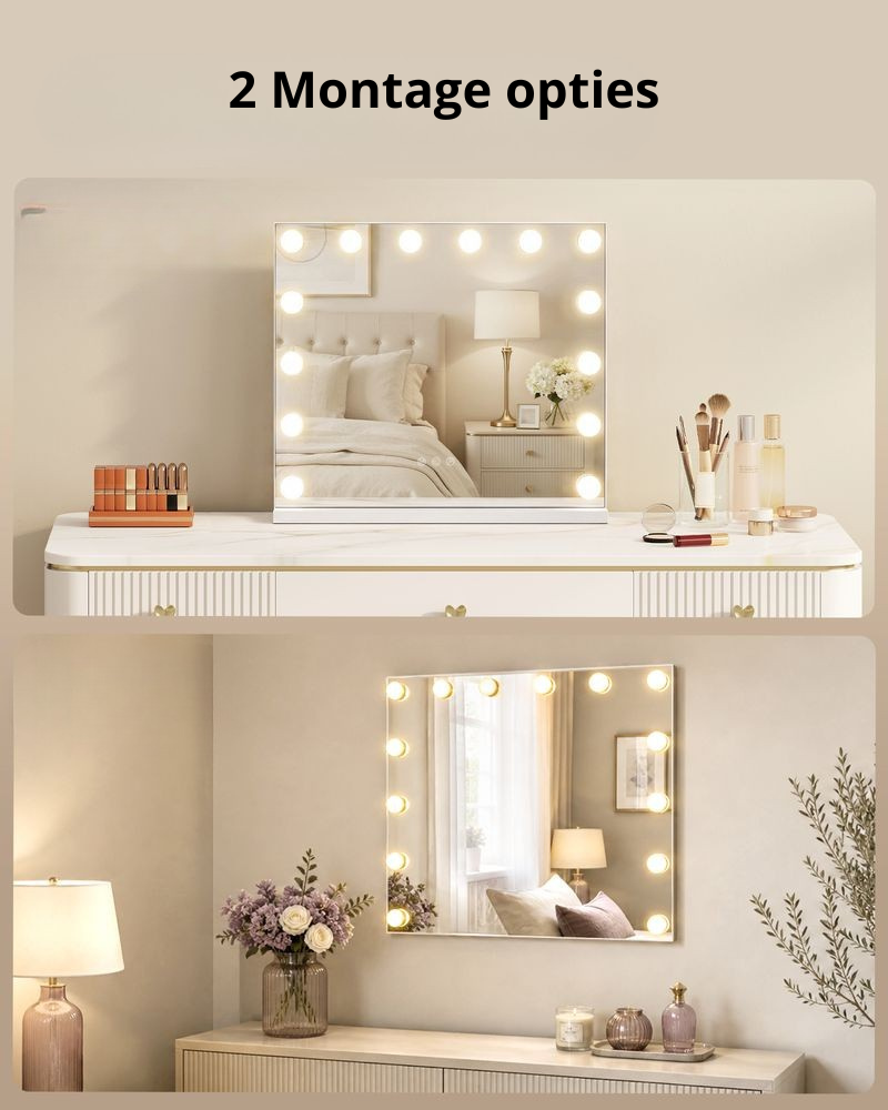 Nancy's Ternate Make-Up Spiegel - Hollywood Spiegel - Make Up Spiegel met Verlichting - Wit - 48 x 58 x 5,7 cm