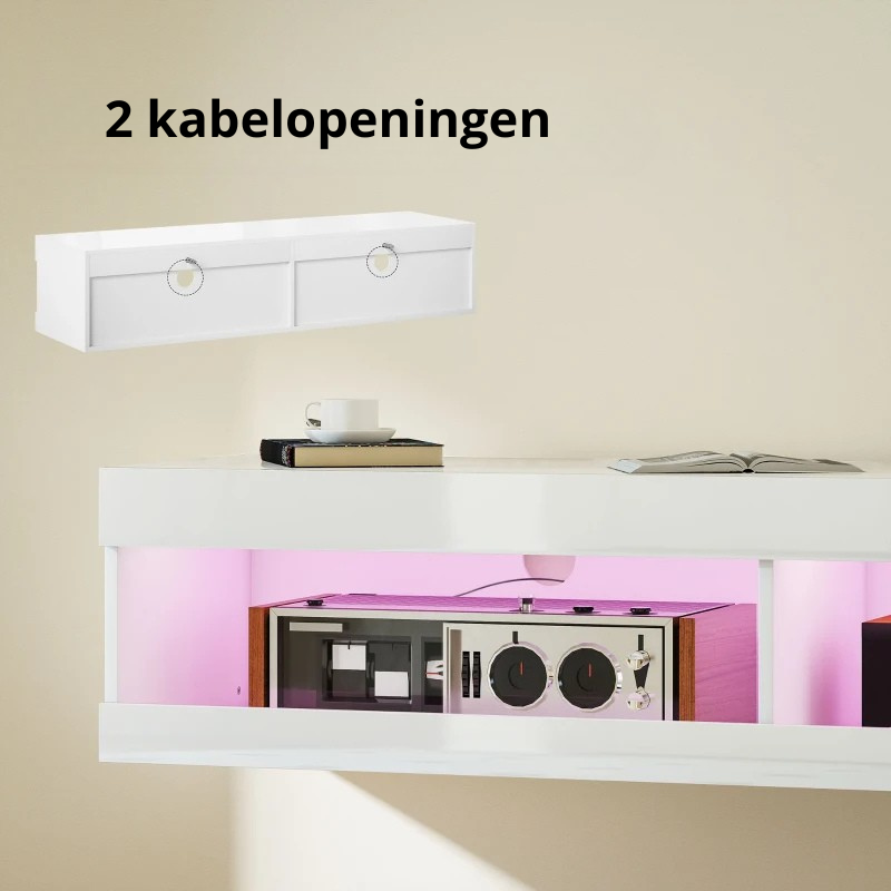 Nancy's Montegallo TV Meubel - TV Kast - Lowboard - LED-Verlichting - Hoogglans Wit - 140 x 40 x 30 cm