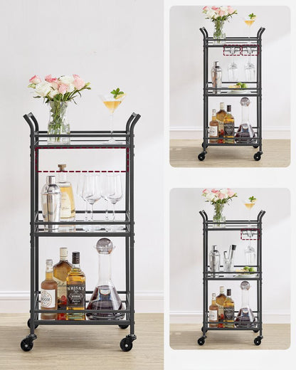 Nancy's Redcar Kitchen Trolley Black - Serving Trolley - Bartrolley - Modern - Steel - Mirror Glass - 46.8 x 30 x 92 cm