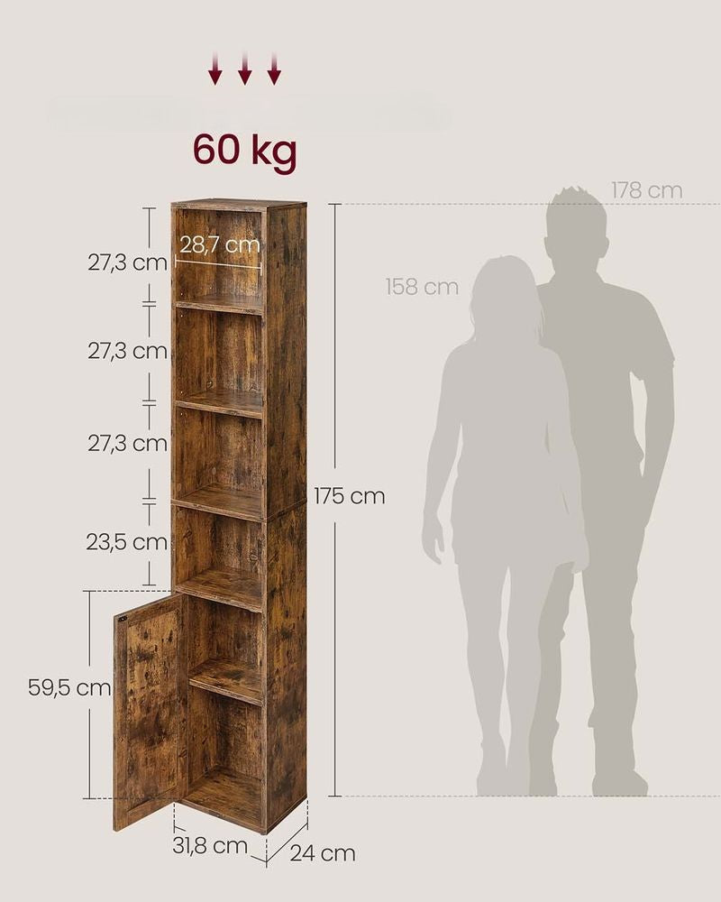 Nancy's Mesola Boekenkast - Opbergkast - Staande kast - Vintage Bruin - ± 30 x 25 x 175 cm