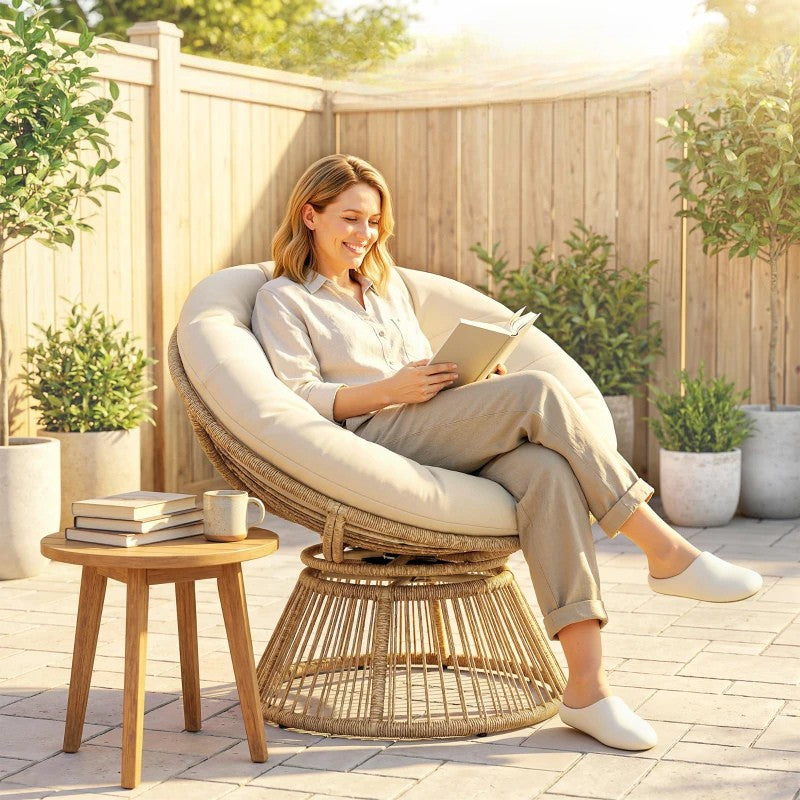 Nancy's Sampeyre Loungestoel - Draaistoel - Buitenstoel - Tuinstoel - Crèmewit - Rotan - ± 95 x 80 x 85 cm