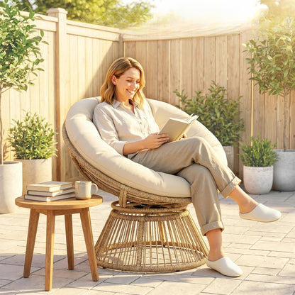 Nancy's Sampeyre Loungestoel - Draaistoel - Buitenstoel - Tuinstoel - Crèmewit - Rotan - ± 95 x 80 x 85 cm