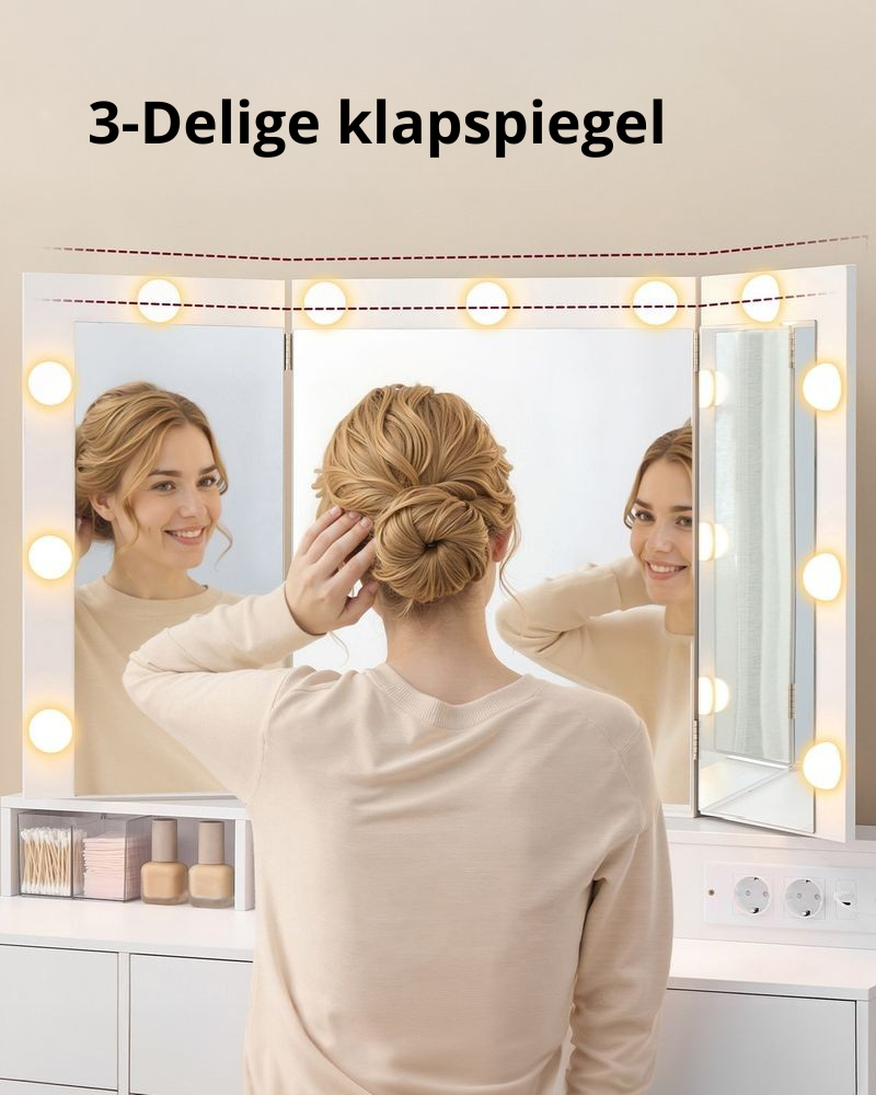 Nancy's Prali Make Up Tafel - Kaptafel - Make-Up tafel met Spiegel en LED-Verlichting - Wit - ± 105 x 40 x 145 cm