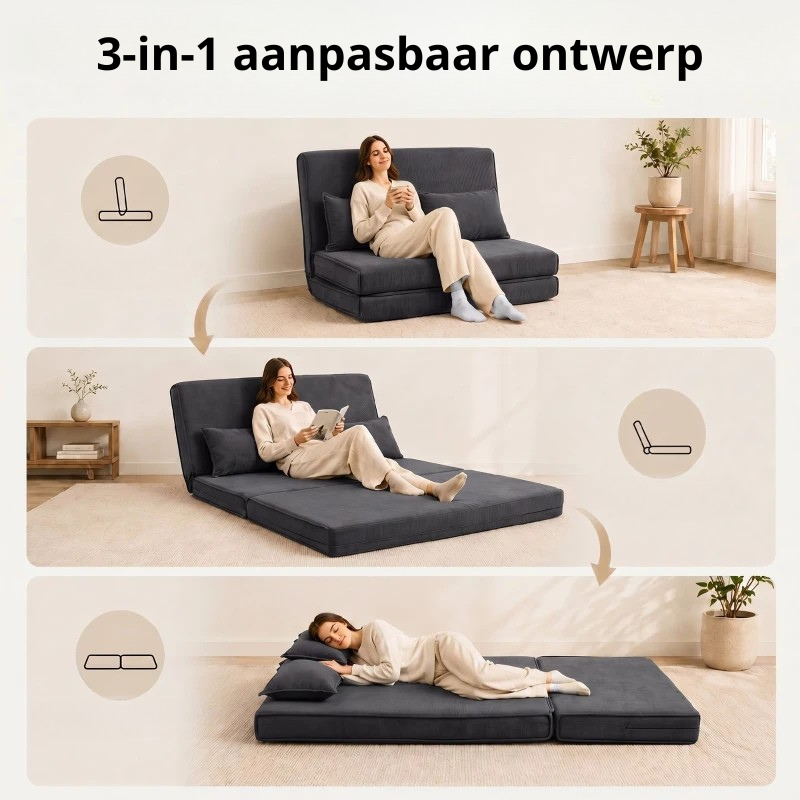 Nancy's Tavullia Slaapbank - Vloersofa - Verstelbare rugleuning - Donkergrijs - Corduroy