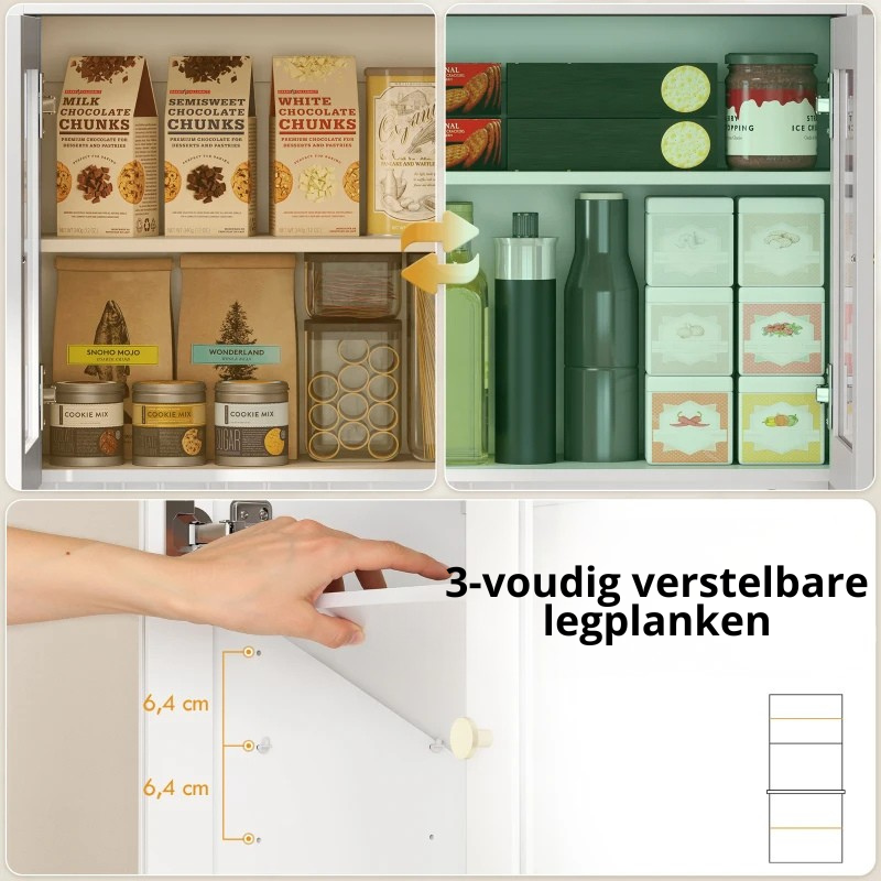 Nancy's Pastrengo Keukenkast - Vitrinekast - Opbergkast - Wit - MDF / Glas - ± 70 x 40 x 170 cm