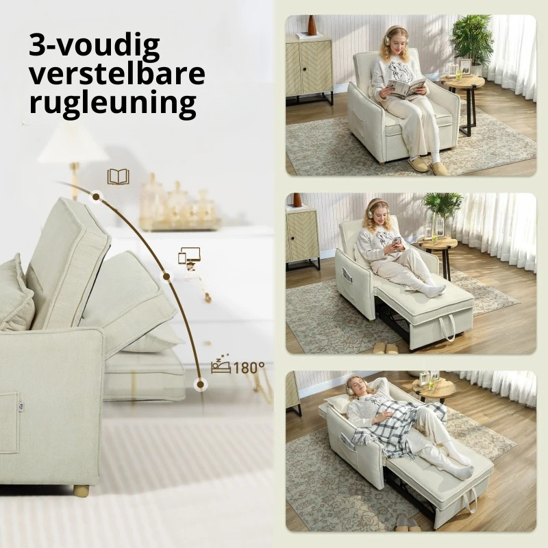 Nancy's Pisciotta Slaapbank - Slaapstoel - Logeerbed - Crèmewit - Chenille