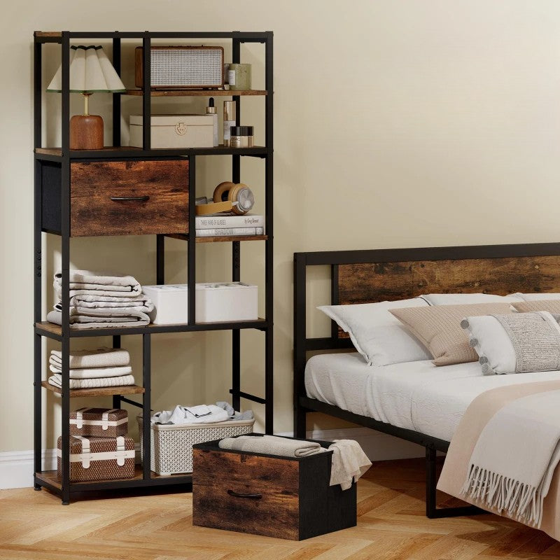 Nancy's Ovaro Boekenkast - Opbergkast - Open vakken en laden - Bruin / Zwart - ± 70 x 30 x 150 cm