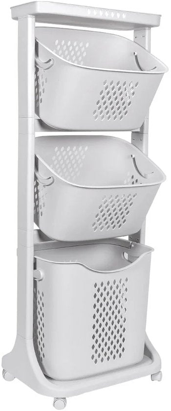 Eleganca Wasmand 3 vakken - Wasbox - Wassorteerder - Wasmand op Wielen - Wit - 82 Liter