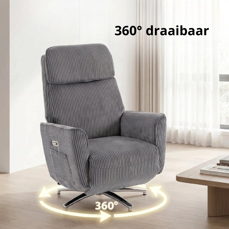 Nancy's Tarzo Elektrische Fauteuil - Relaxfauteuil - Relaxstoel - Draaibaar - Donkergrijs / Zilver - Corduroy Look