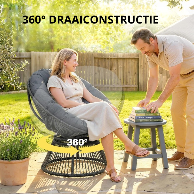 Nancy's Sampeyre Loungestoel - Draaistoel - Buitenstoel - Tuinstoel - Grijs - Rotan - ± 95 x 80 x 85 cm