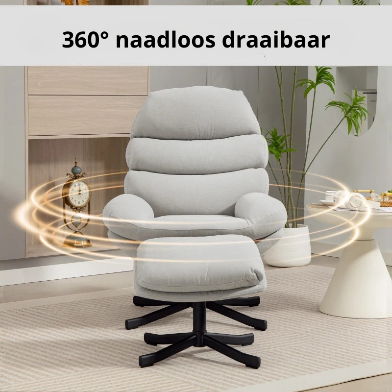 Nancy's Pedaso Relaxfauteuil - Loungestoel - Relaxstoel - Met Voetenbank - Crèmewit - Chenille