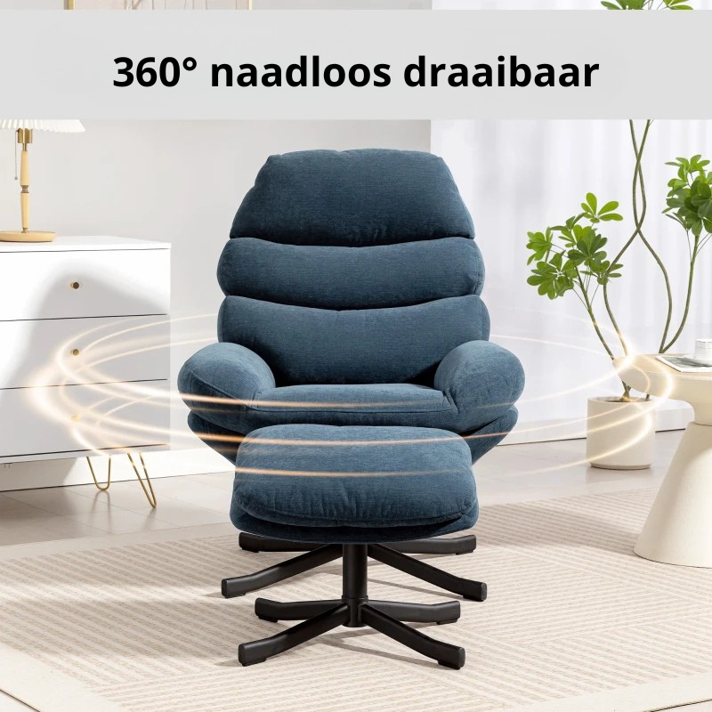 Nancy's Pedaso Relaxfauteuil - Loungestoel - Relaxstoel - Met Voetenbank - Blauw - Chenille
