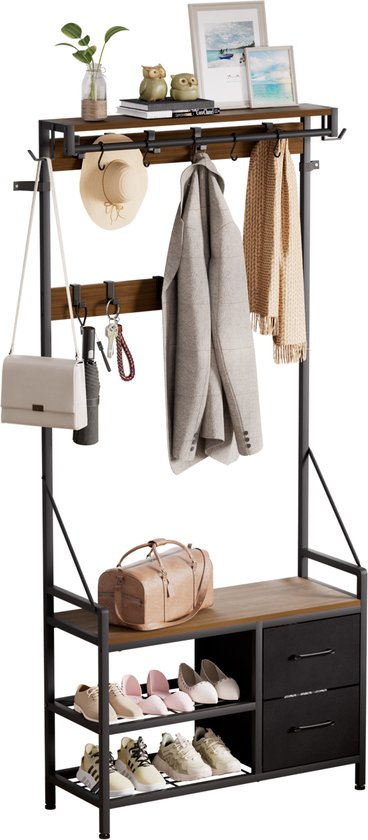 Casamoda Wandgarderobe - Garderoberek - Kapstok met Schoenenrek - Metaal / Hout - Walnoot - 80 x 40 x 180 cm